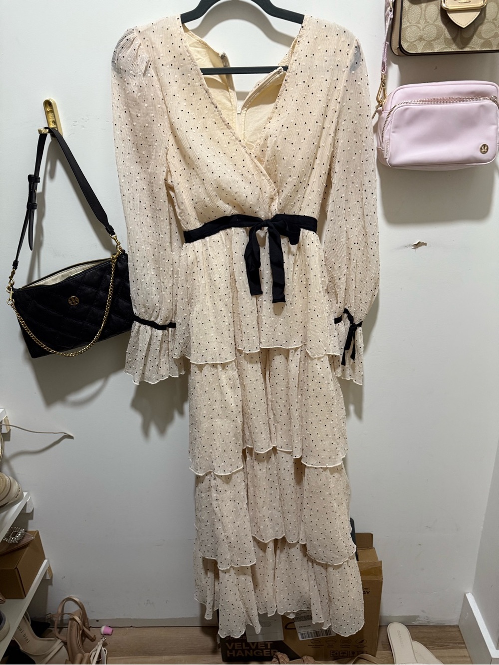 Just Me Cream Tiered Maxi Dress with Black Waist Tie